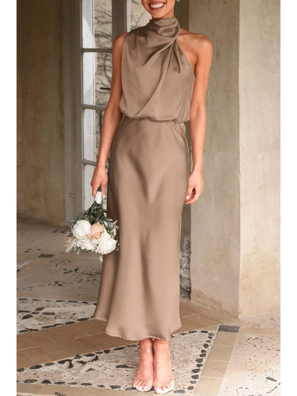 Women's Champagne Summer Satin Elegant Sleeveless Mock Neck Cocktail Maxi Dress - Picture 5 of 6